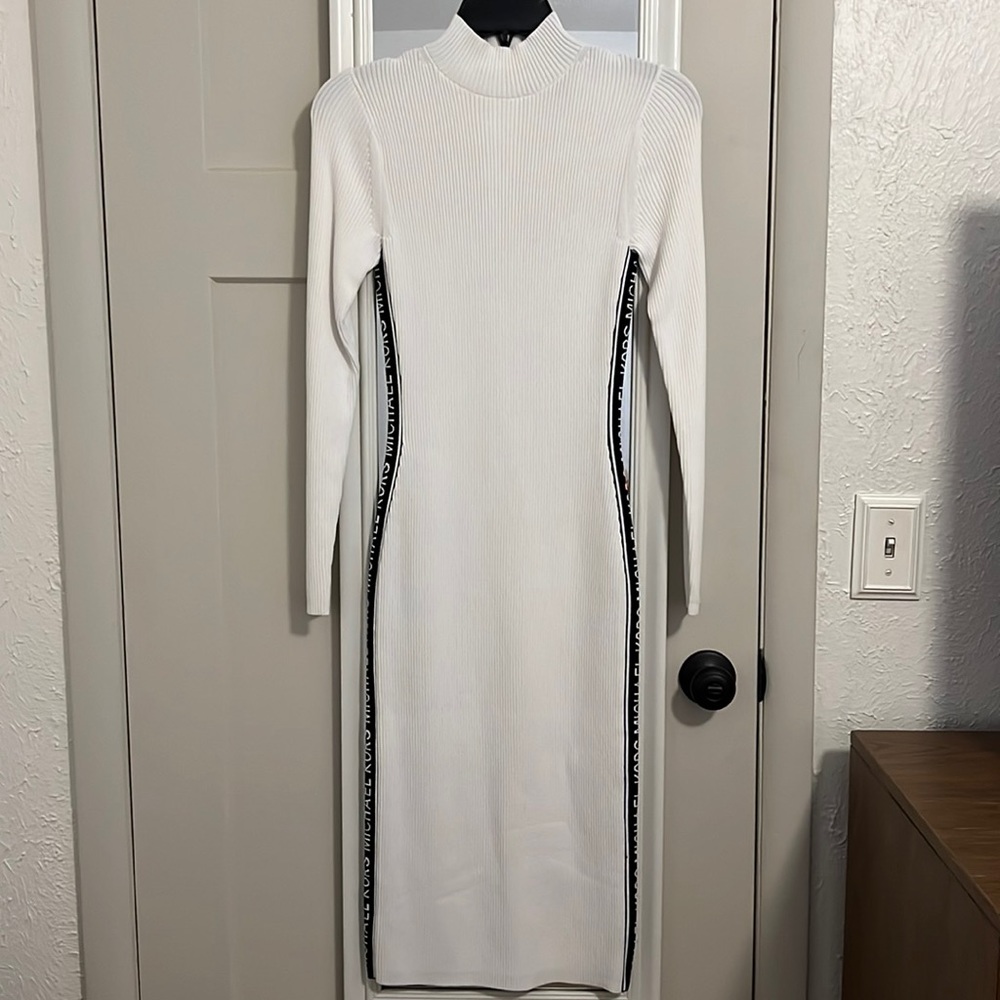 Michael Kors Logo Tape Ribbed Knit Long Sleeve Dress